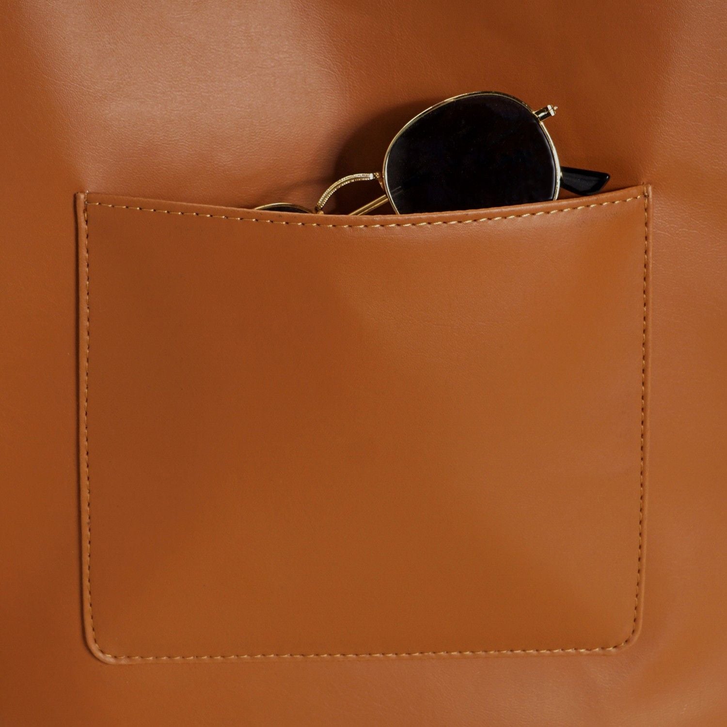 Tan Rattan Tote Bag With Back Pocket
