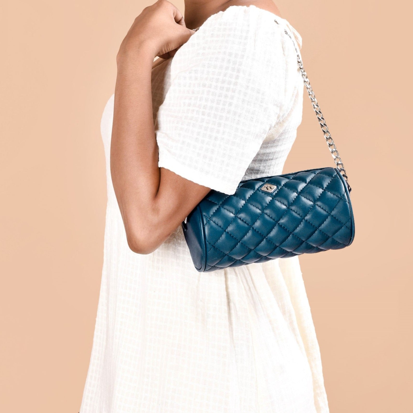 Blue Mini Barrel Bag With Chain Strap