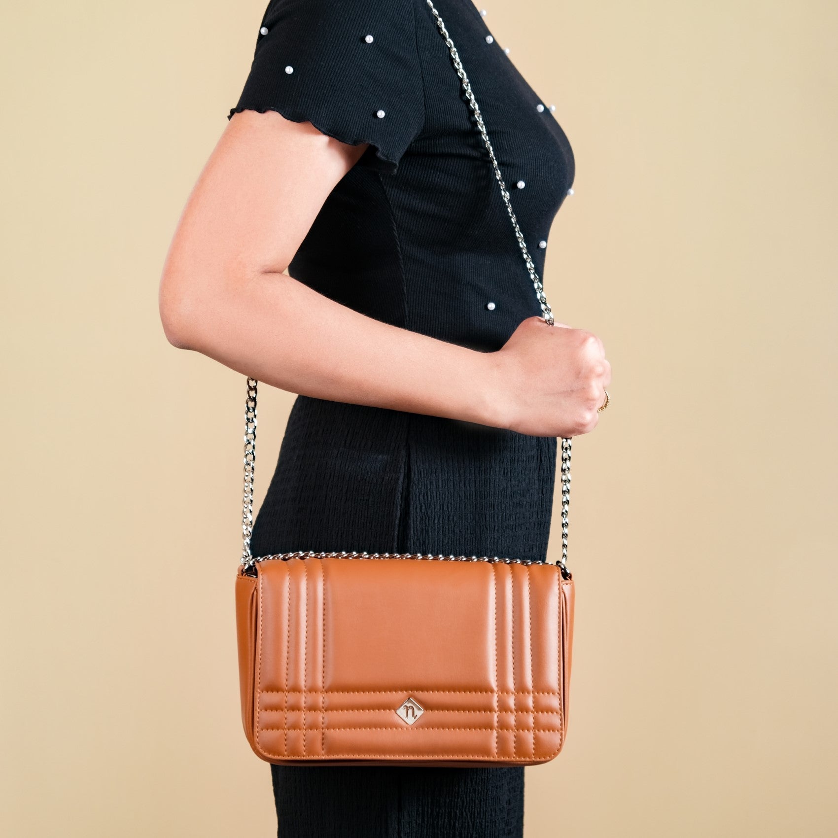 Classic Flap Tan Shoulder Bag With Chain
